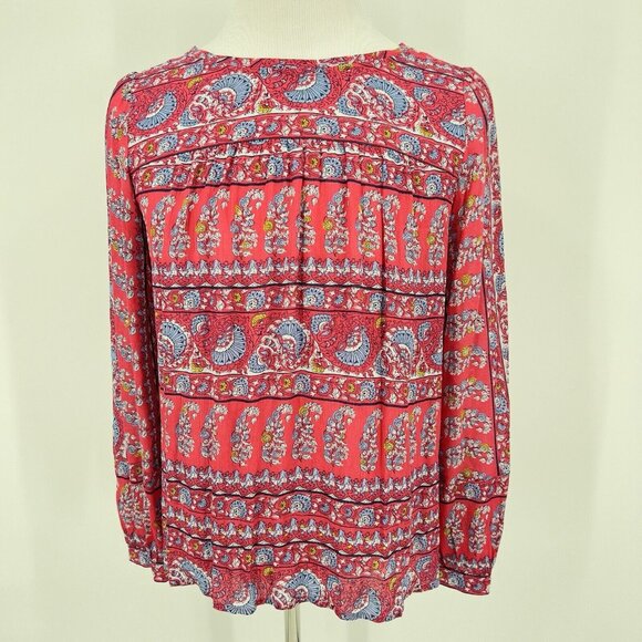 Loft Women's M Medium Floral Paisley Blouse Top Red & Blue Long Sleeve - Picture 2 of 5